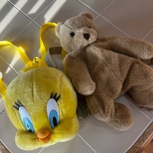Vintage Plushie Backpack Bag Set Teddy Bear Tweedy Bird Looney Tunes